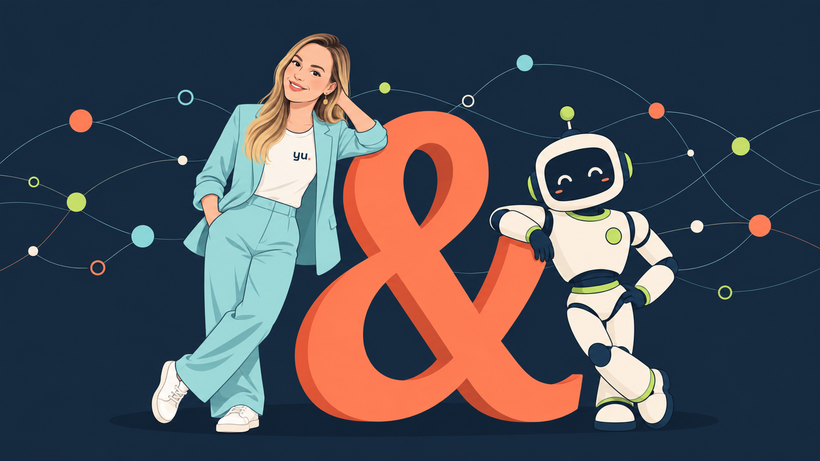 A person leaning on a large coral ampersand, with their AI assistant on the other side